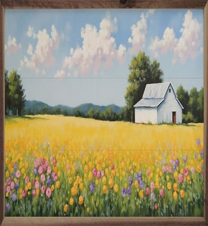 White Barn In Spring Field